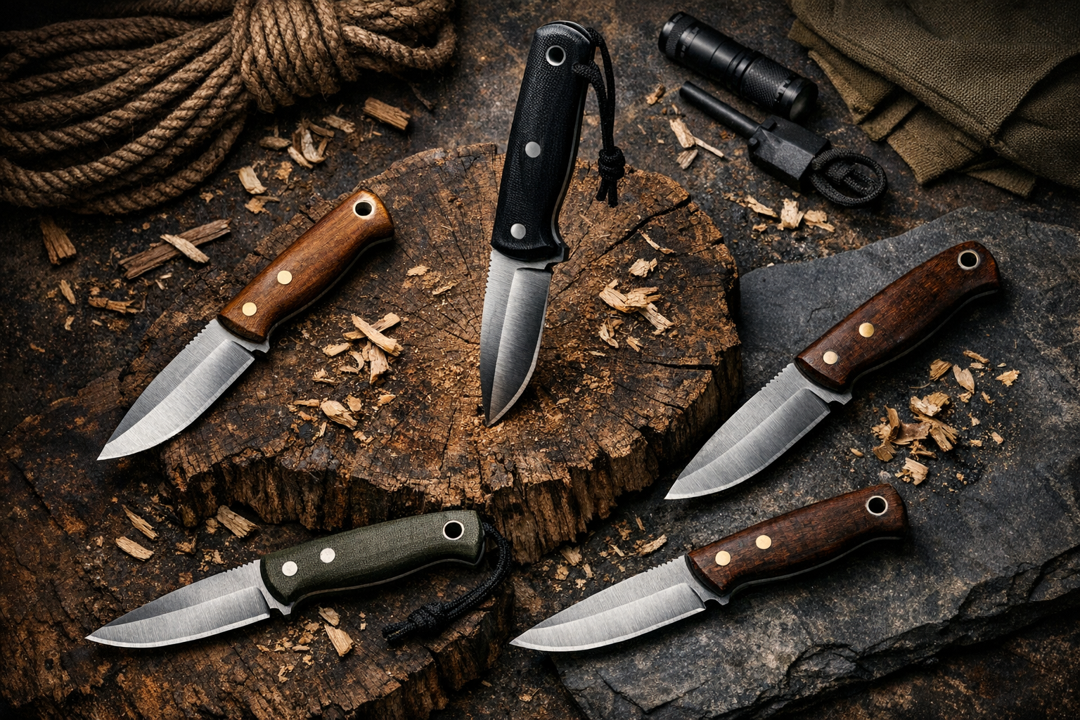 Fixed blade survival knives arranged on wood and dark stone