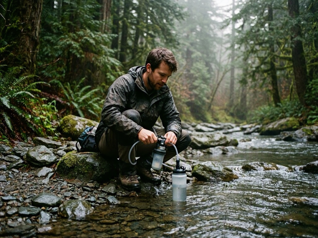 Water filter being used at a stream in the wilderness